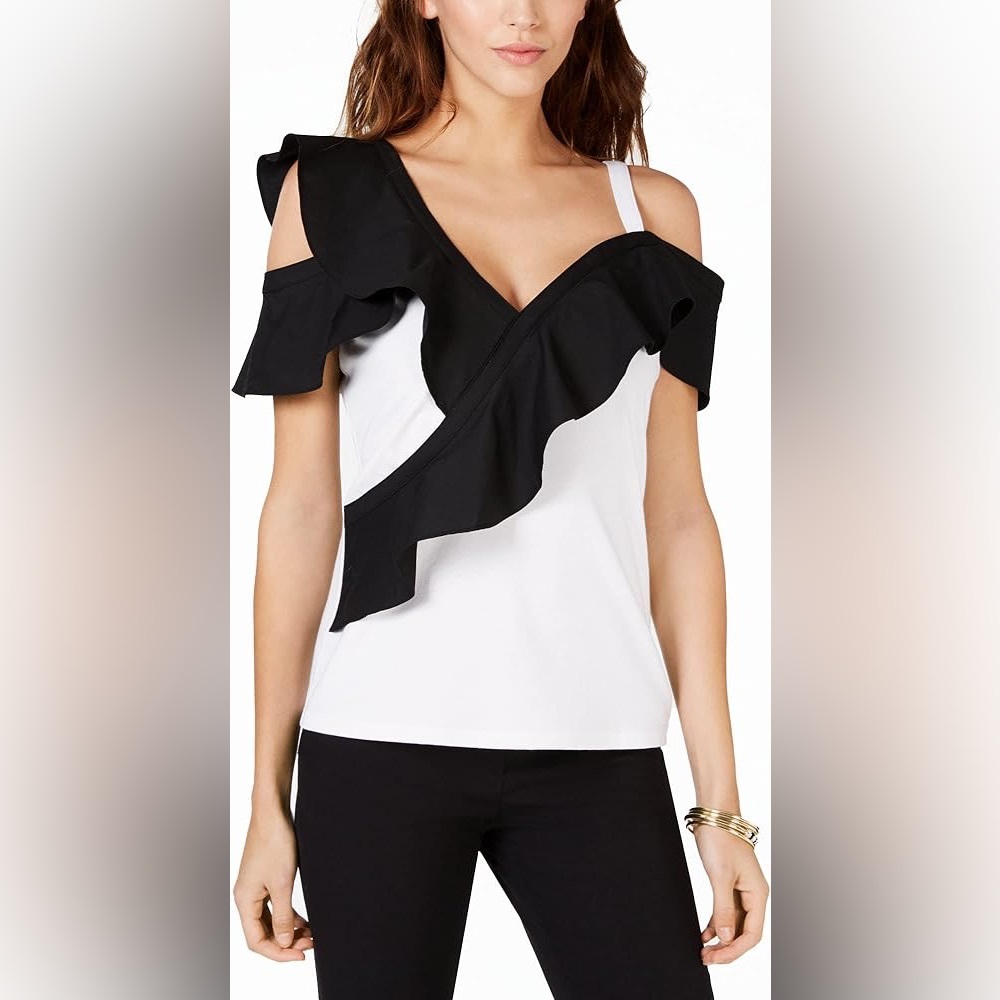 INC International Concepts Womens Colorblock Ruffle Top B/W L Bright White